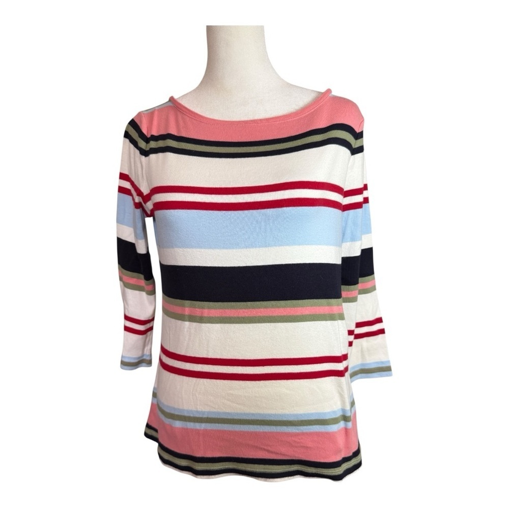 Talbots Striped Bateau Neck Top 3/4 Sleeves 100% Cotton Summer Spring